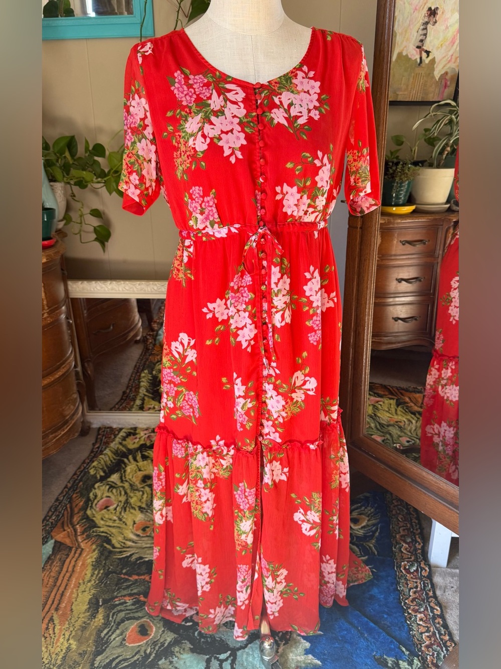 Who What Wear Red Floral Maxi Dress with Pink Blossoms, size M